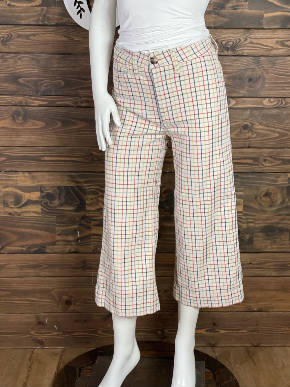 Madewell | Cream Wide-Leg Cropped Plaid Pants Multicolor Check Denim High Rise